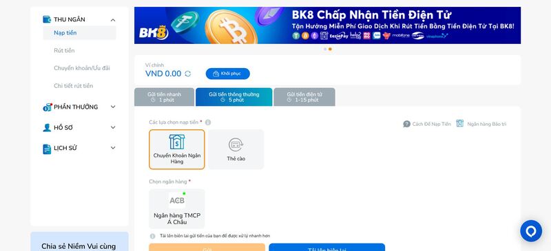 Chuyển khoản ngân hàng là phương thức nạp an toàn tại BK8