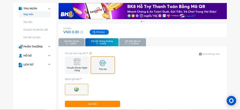 Nạp tiền cá cược nhanh qua điện thoại tại BK8